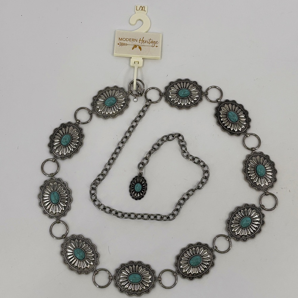 Western Modern Heritage Concho Chain Belt Women L/XL Silver Turquoise Boho New